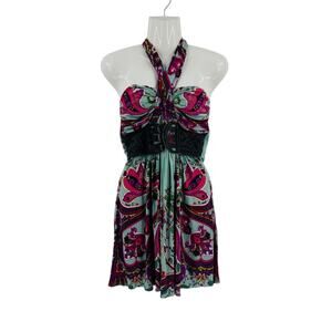 Sky Y2K Halter Mini Dress Paisley Print Belted Boho Backless Teal Multi Size M